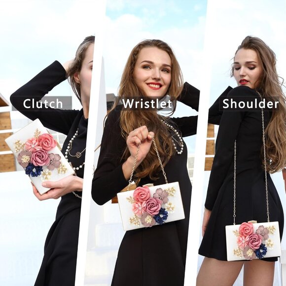 Women\'s White Flower Metal Leaves Evening Bride Wedding Floral Clutch Bag